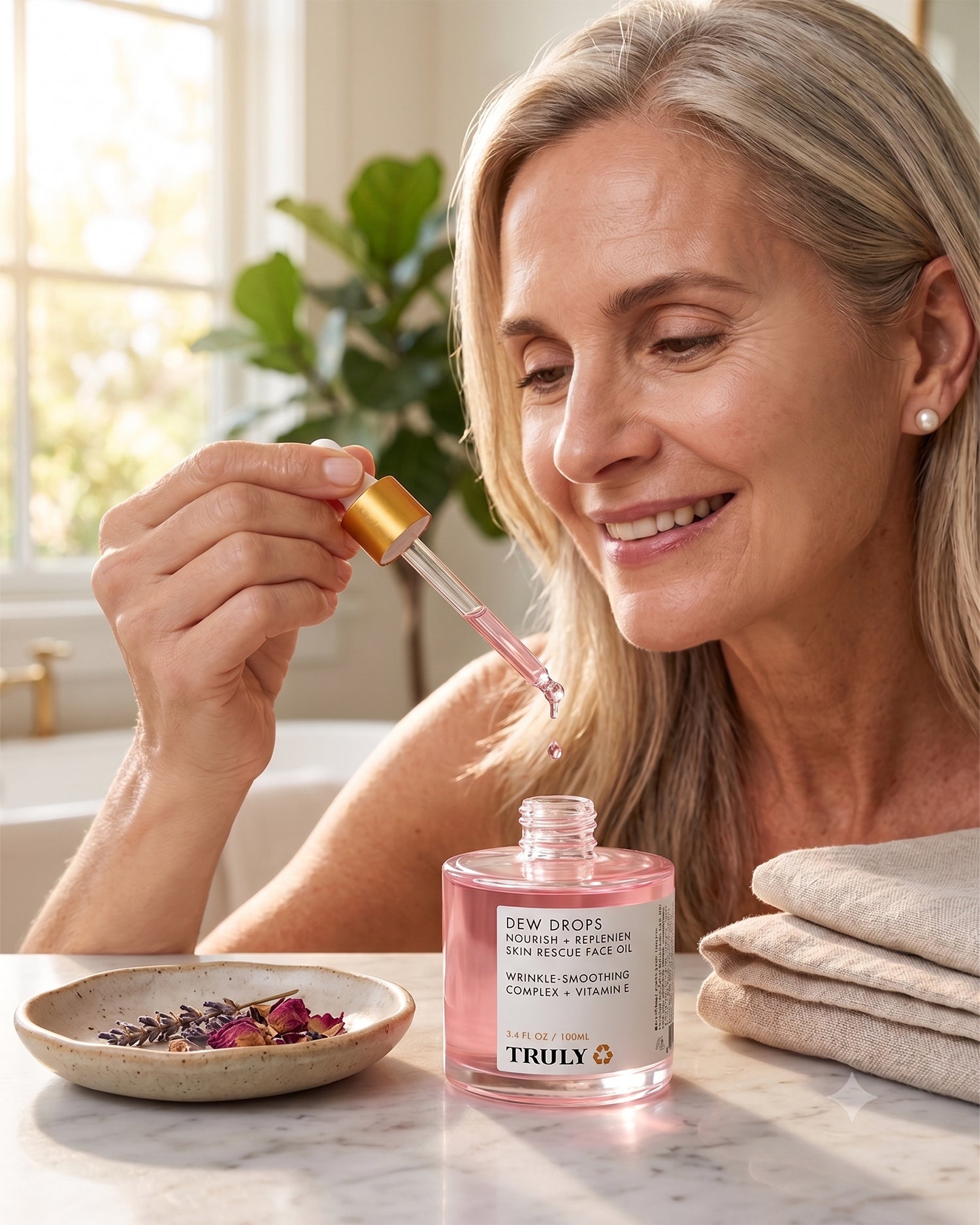 A smiling older woman uses a dropper to dispense Truly Beauty’s Pink Dew Drop Skin Rescue Face Oil, enriched with Vitamin E, from its signature bottle near a dish of dried flowers and a folded towel in a bright, sunlit bathroom.