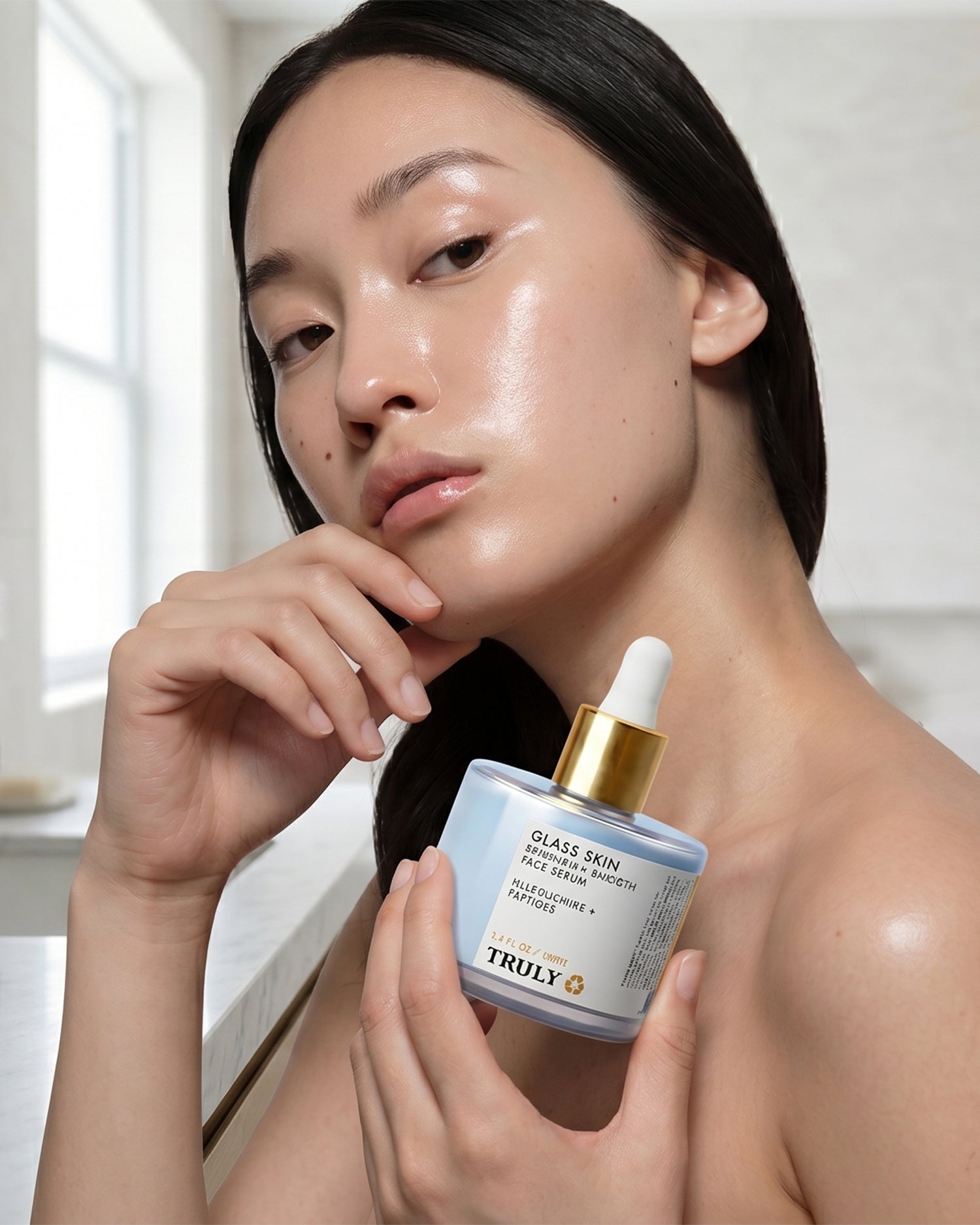 A woman with glowing, dewy skin holds a jar of Truly Beauty Glass Skin Brighten + Smooth Face Serum, gently touching her chin and looking at the camera in a softly lit bathroom setting. The hydrating serum from Truly Beauty enhances her radiant complexion, giving her that coveted glass skin glow.