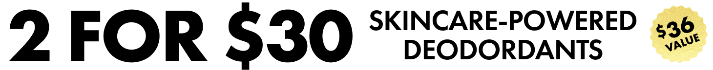 Promotional text for skincare-powered deodorants with a price tag on a black background