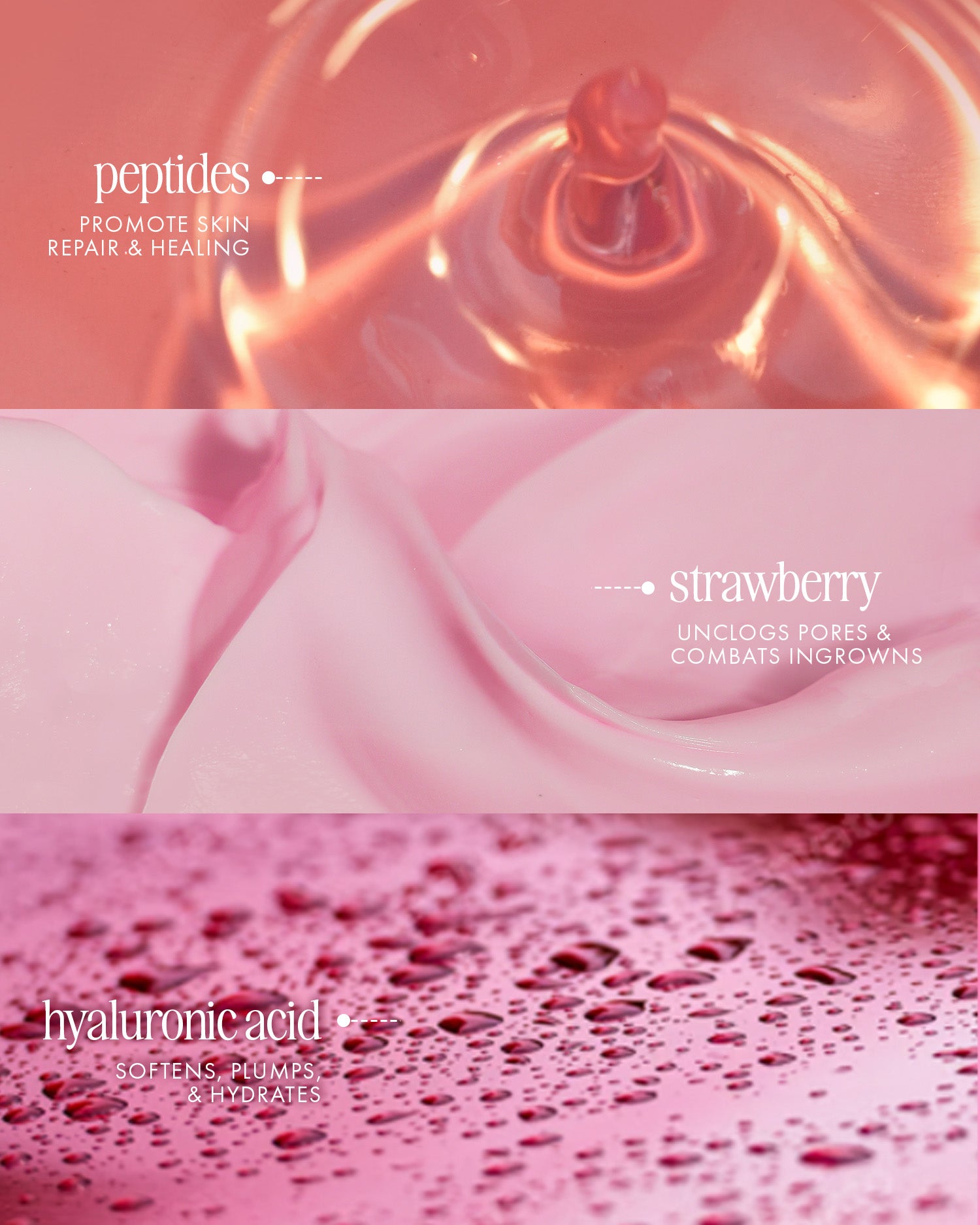 Three pink panels highlight the Truly Beauty Soft Serve Luxury Trio: peptides for skin repair, strawberry-scented shave treatment to clear pores and fight ingrowns, plus hyaluronic acid to plump and hydrate—ideal for body hydration or ingrown care.