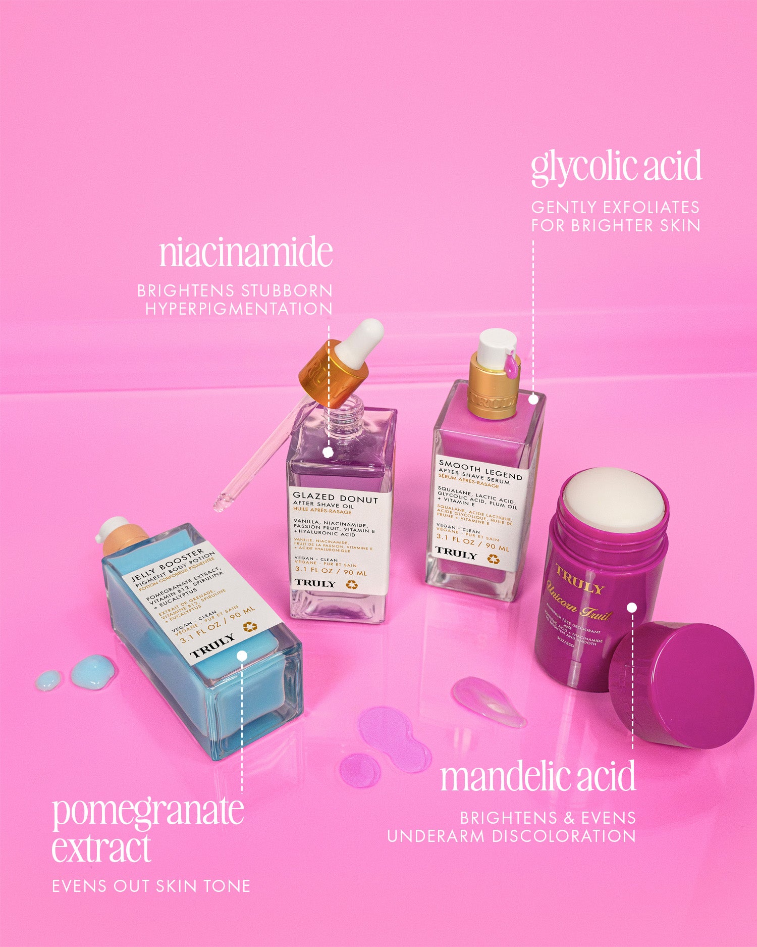 The Truly Beauty Body Brightening Set is shown on a pink background, featuring key ingredients—niacinamide, pomegranate extract, glycolic acid, and mandelic acid—for brightening and evening skin tone. Droplets and swatches are displayed beside each product.