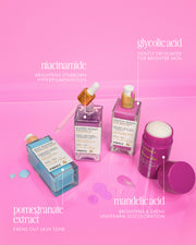 The Truly Beauty Body Brightening Set is shown on a pink background, featuring key ingredients—niacinamide, pomegranate extract, glycolic acid, and mandelic acid—for brightening and evening skin tone. Droplets and swatches are displayed beside each product.