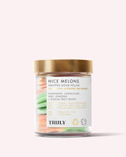 A jar of Truly Beauty Nice Melons Boob Polish with a gold lid features hydrating, vegan, and cruelty-free ingredients like honeydew, cantaloupe, and ginseng—ideal for exfoliating your chest and tightening your neck while cleansing.